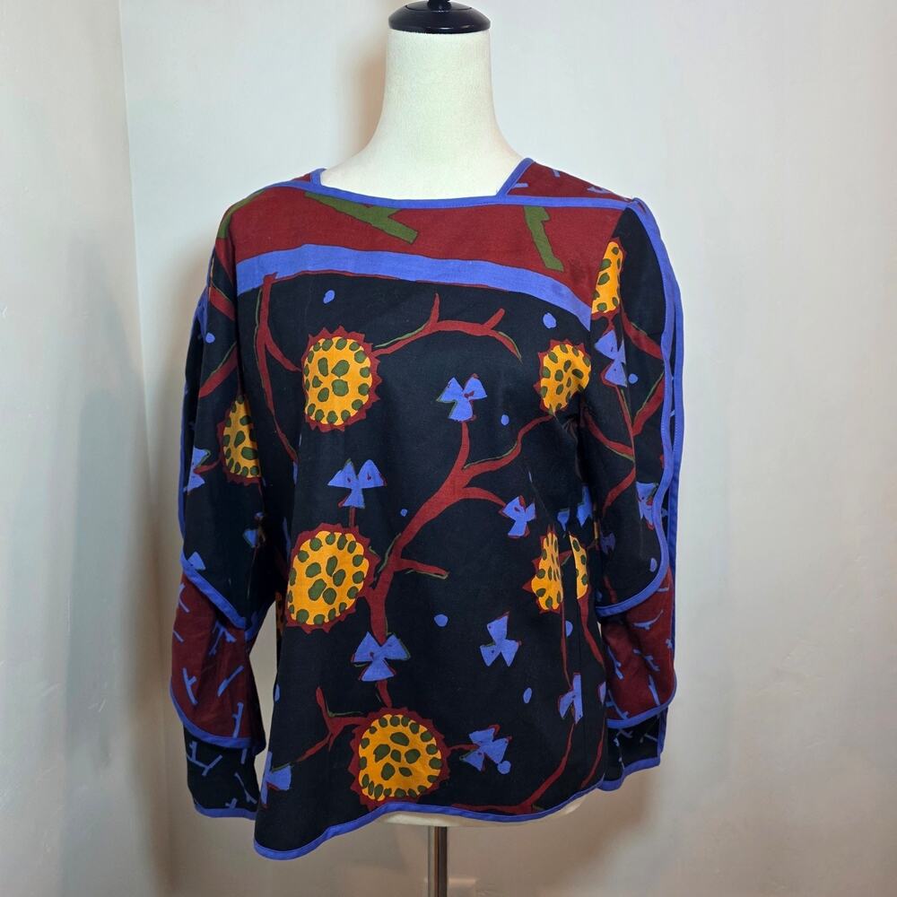 VTG JEANNE MARC Blouse Medium Art to Wear Boho 80s Abstract Vibrant Surrealist